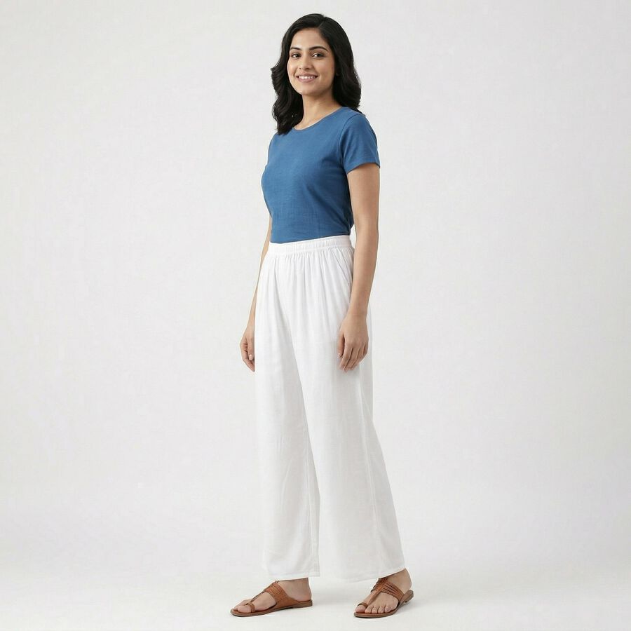 Women's White Wide-Leg Elastic Waist Palazzos, सफ़ेद, large