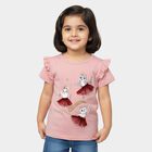 Girls' Pink Cotton Round Neck Ruffle Sleeve Printed T-Shirt, हल्का गुलाबी, small