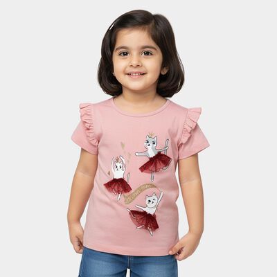 Girls' Pink Cotton Round Neck Ruffle Sleeve Printed T-Shirt