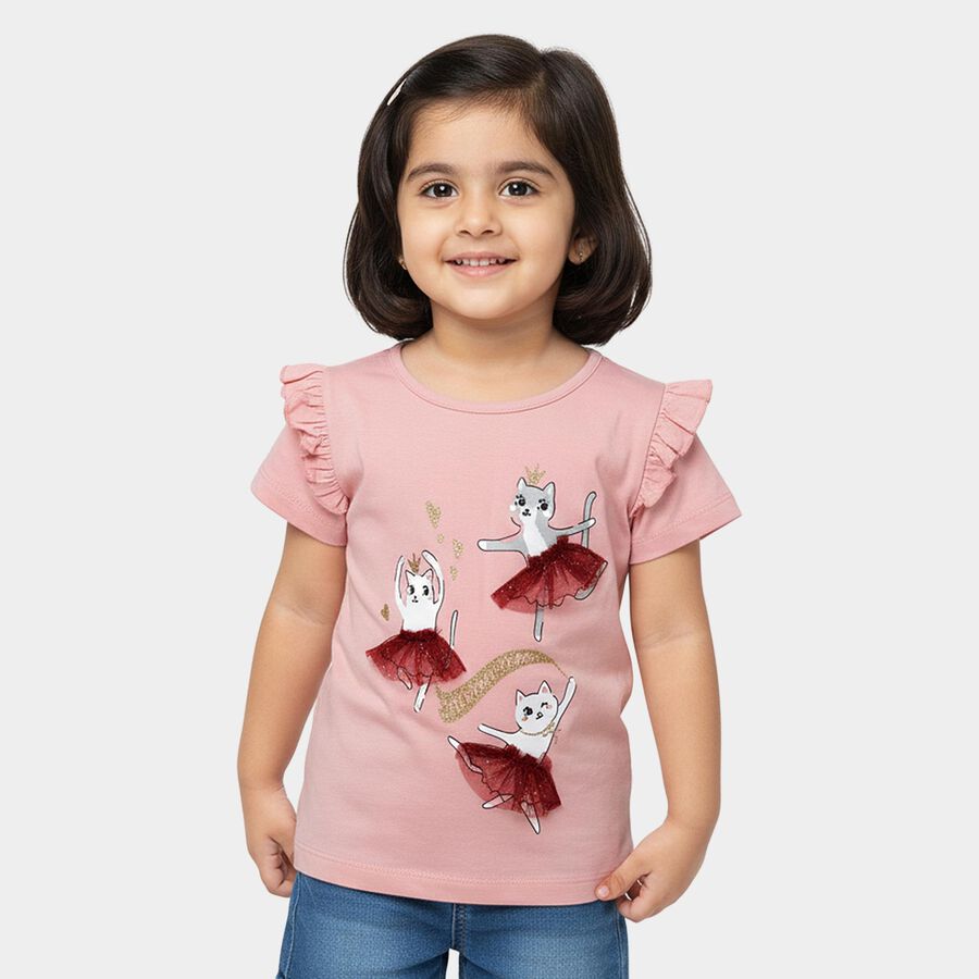 Girls' Pink Cotton Round Neck Ruffle Sleeve Printed T-Shirt, हल्का गुलाबी, large