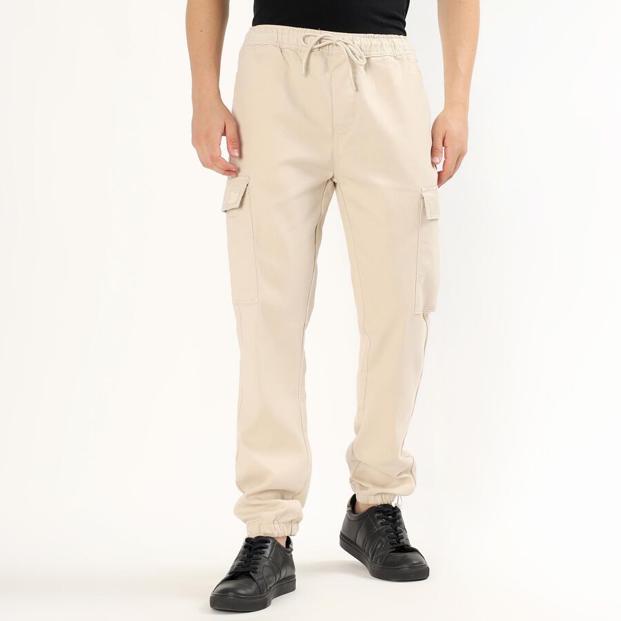 Men's Light Beige Slim Fit Cargo Trousers, Ecru Melange, large