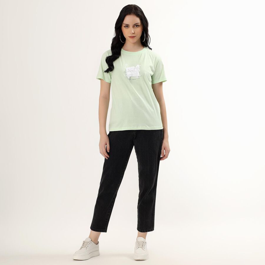 Women's Light Sage Green Cotton Round Neck Casual T-Shirt, Light Green, large image number null