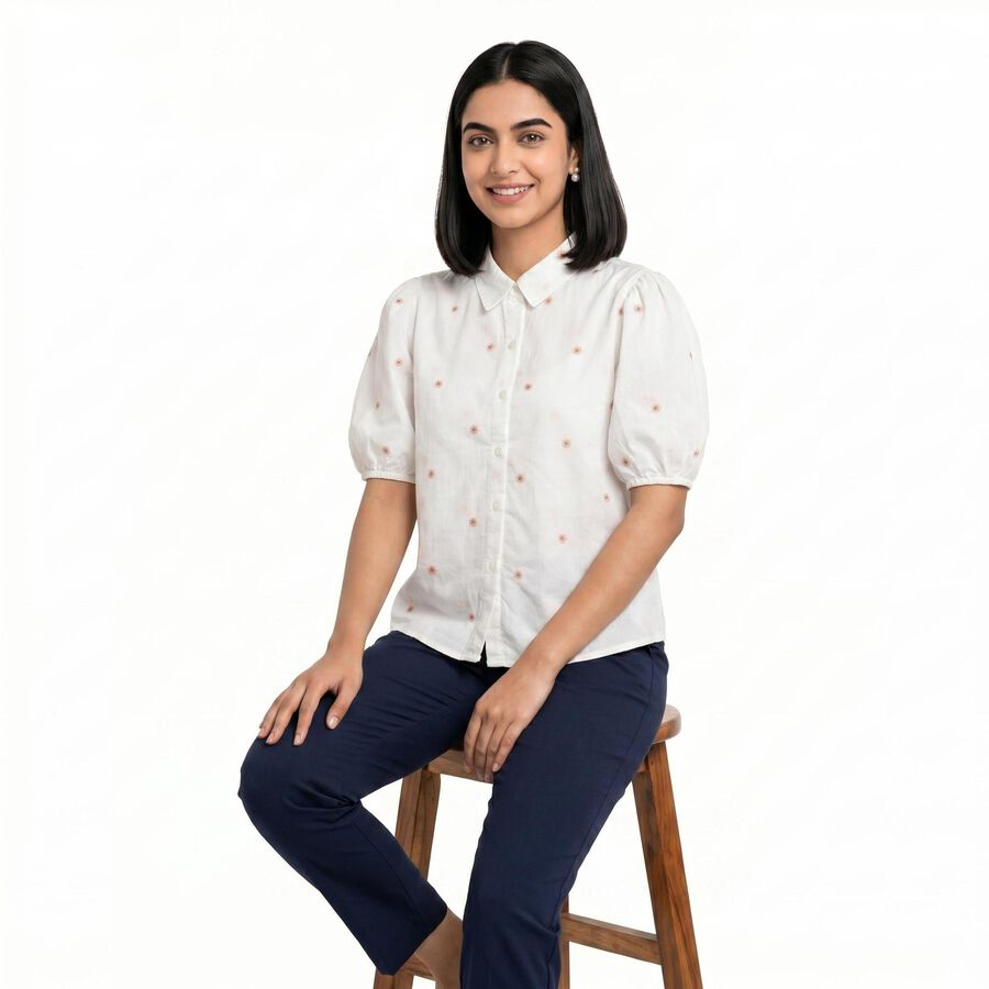 Women's White Cotton Half Sleeves Collar Regular Fit Shirt, सफ़ेद, large