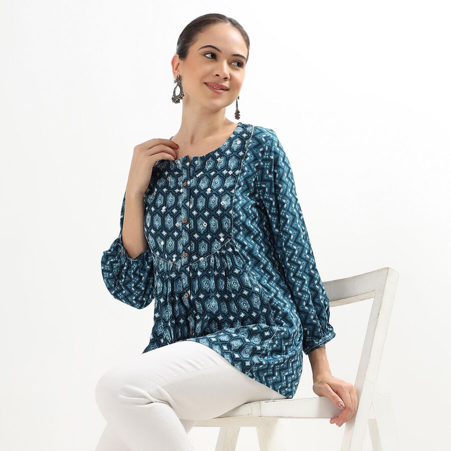 Ladies' Dark Peacock Blue Round Neck Printed Kurti, गहरा नीला, large image number null