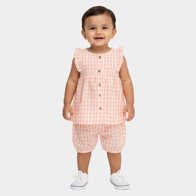Infant Girl Peach Cotton Gingham Sleeveless Top and Bloomers Set