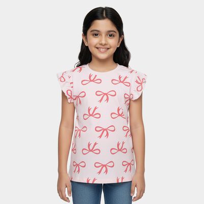 Girls Light Pink Cotton Round Neck Casual T-Shirt