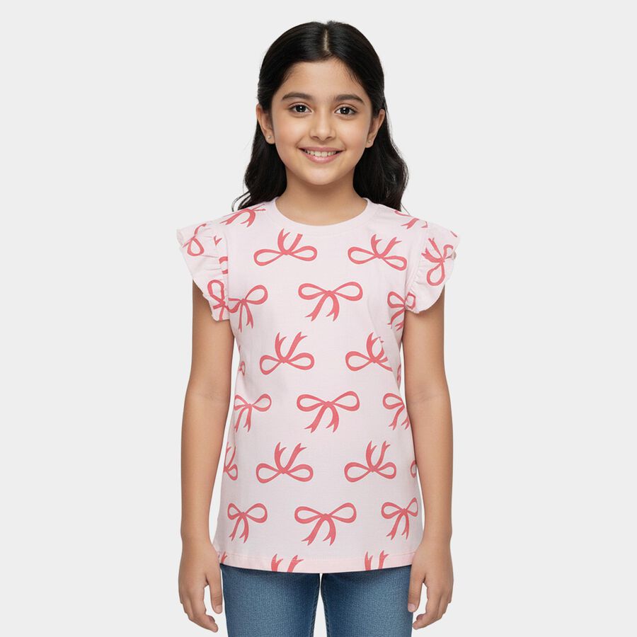 Girls Light Pink Cotton Round Neck Casual T-Shirt, हल्का गुलाबी, large