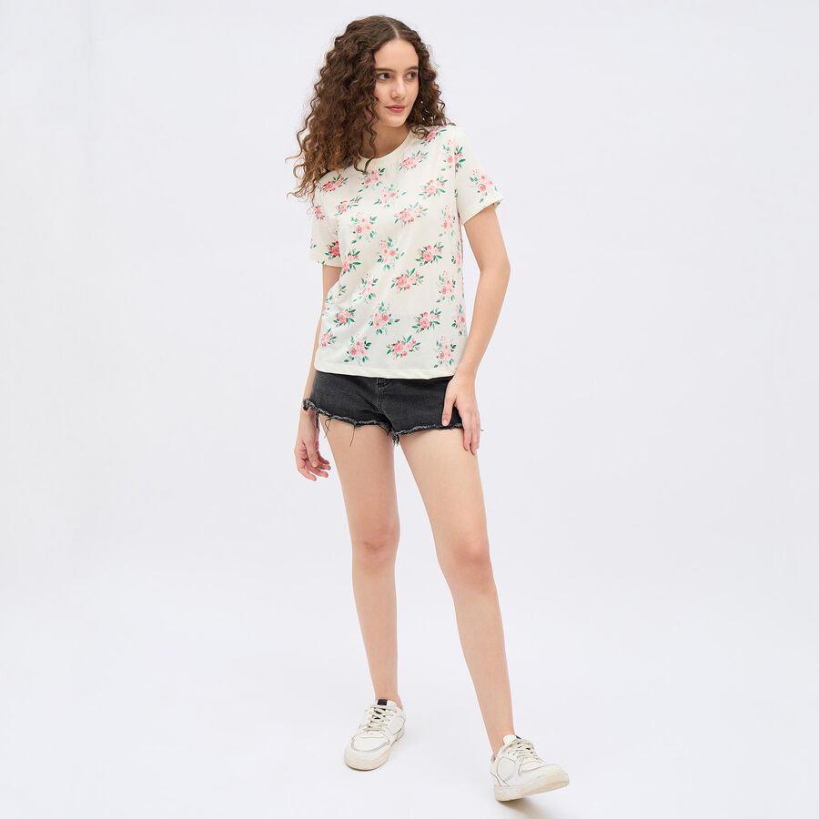 Women's Eggshell White Round Neck Floral T-Shirt, White, large image number null