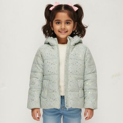 Girls' Light Sage Green Hooded Glitter Puffer Jacket
