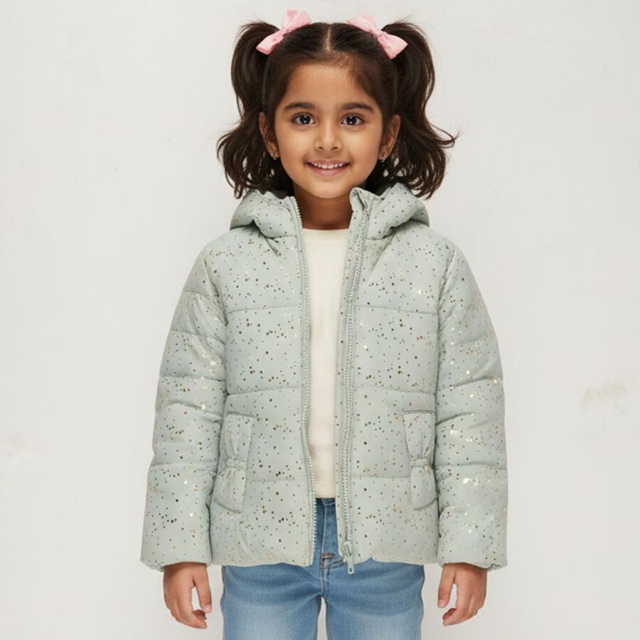 Girls' Light Sage Green Hooded Glitter Puffer Jacket, Light Green, large image number null