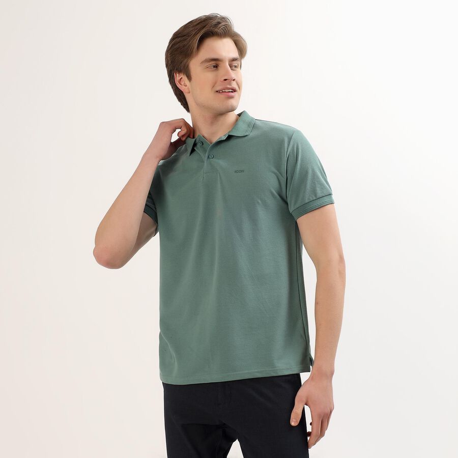 Men's Muted Sage Green Polo Collar Casual T-Shirt, गहरा हरा, large image number null