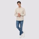 Men's Beige Cotton Long Sleeve Mandarin Collar Regular Fit Shirt, Beige, small
