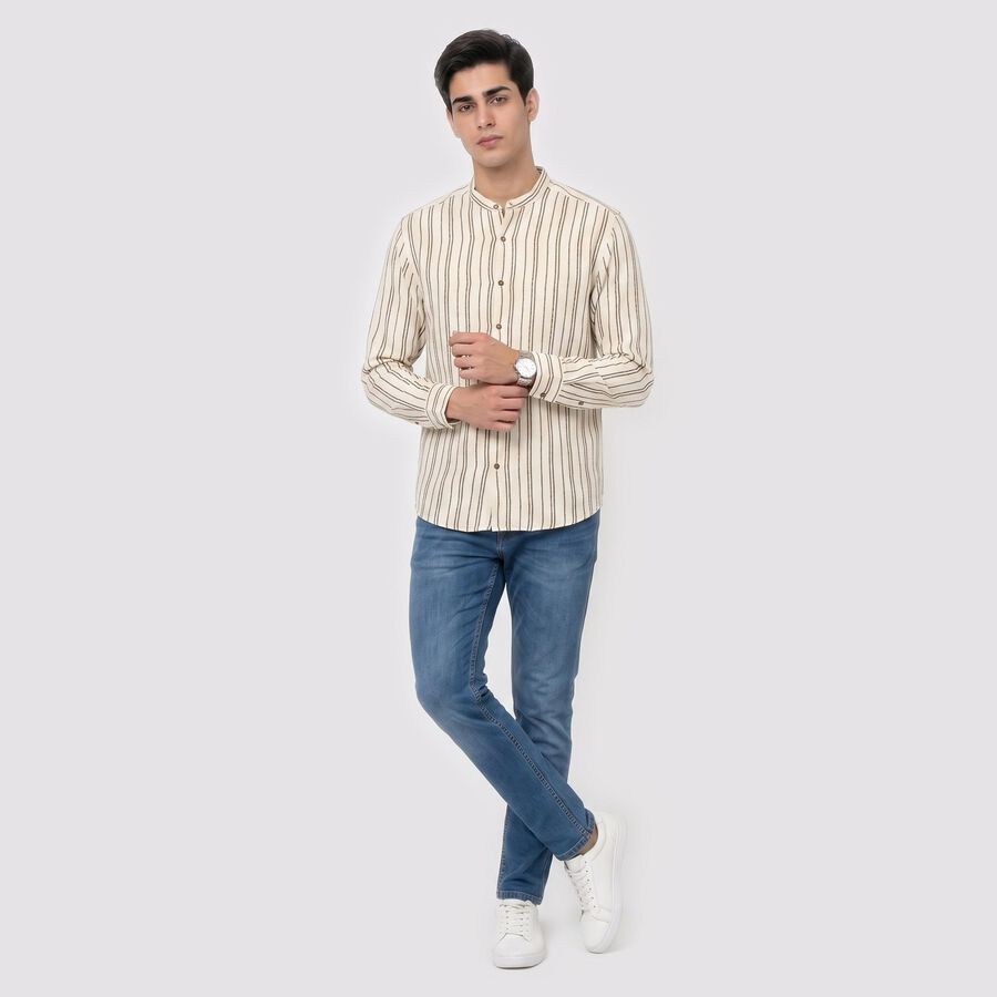 Men's Beige Cotton Long Sleeve Mandarin Collar Regular Fit Shirt, Beige, large