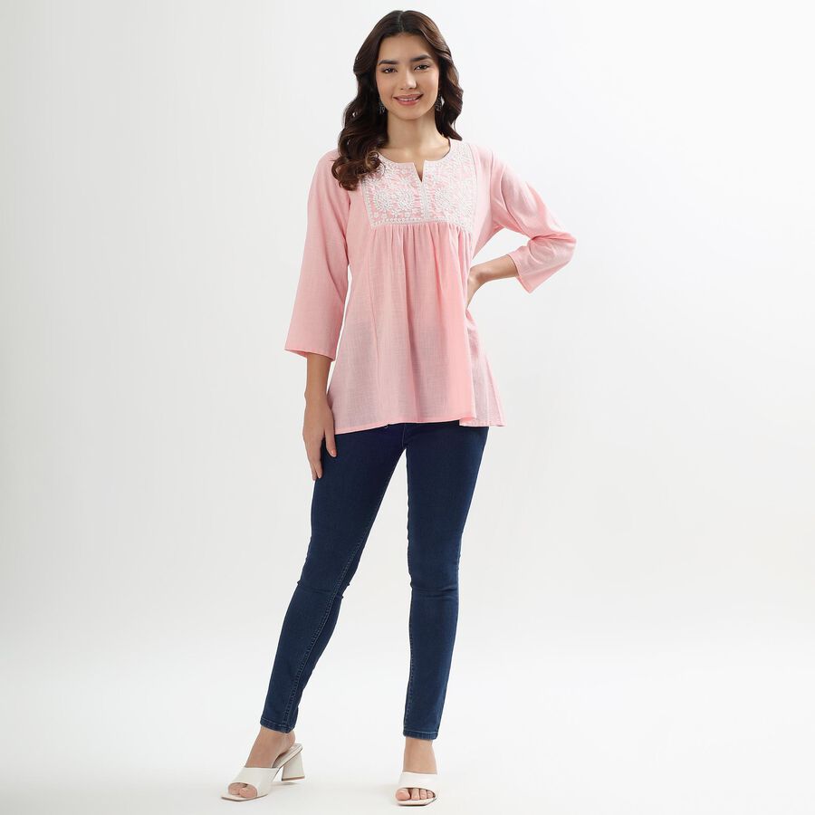 Ladies' Soft Pastel Pink Cotton Notch Neck Embroidered Kurti, गुलाबी, large image number null