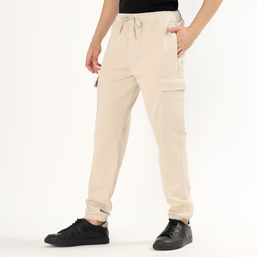 Men's Light Beige Slim Fit Cargo Trousers, Ecru Melange, large