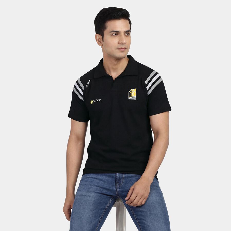 Men's Black Cotton Blend Polo Neck Classic T-Shirt, काला, large