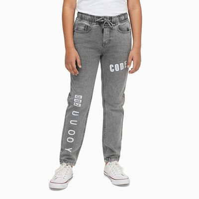 Boys Muted Grey Regular Fit Printed Jogger Jeans