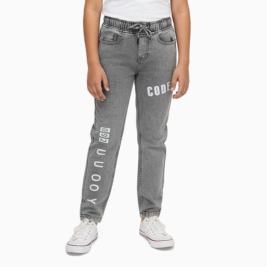 Boys Muted Grey Regular Fit Printed Jogger Jeans, Light Grey, large image number null