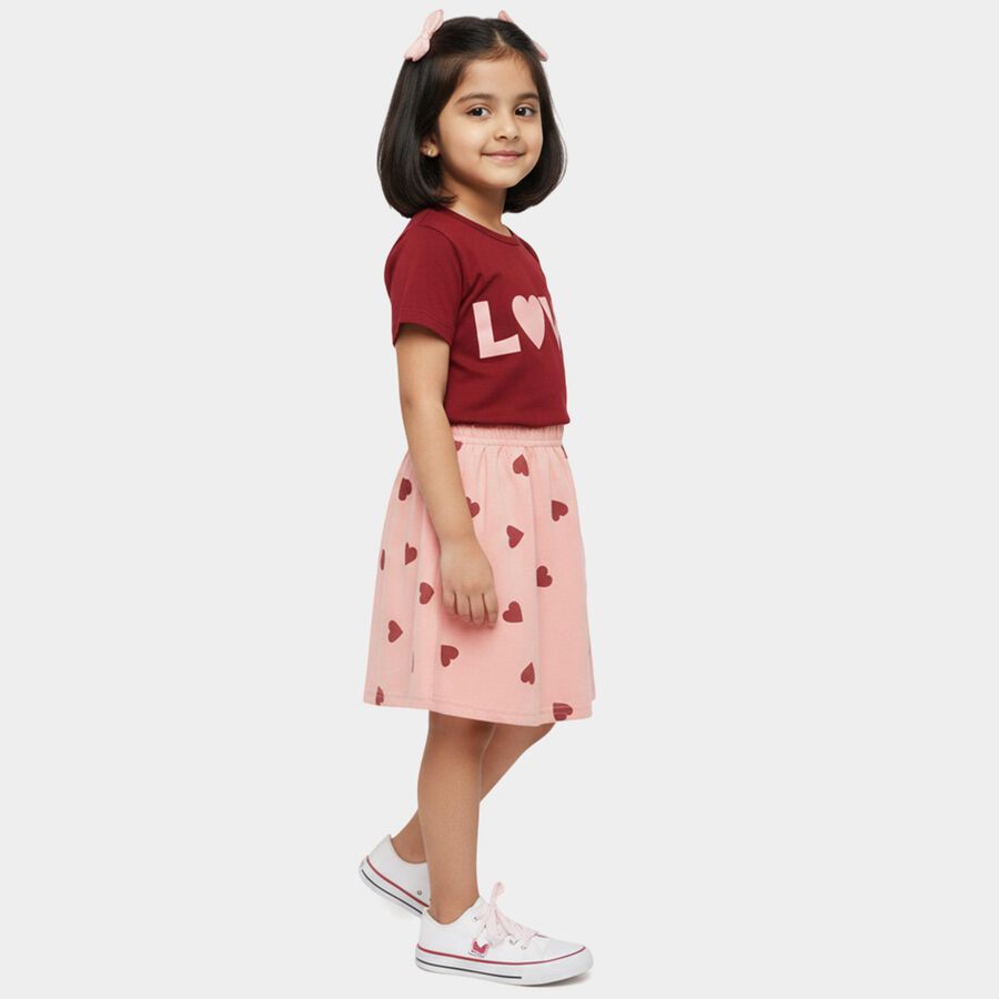 Girls' Maroon Short Sleeve Top and Pink Heart Print Skirt Set, Maroon, large