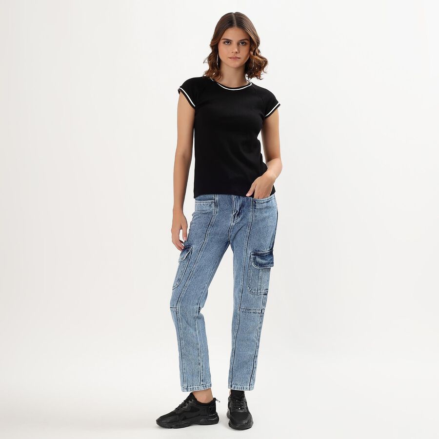Women's Stonewashed Blue Cargo Fit Jeans, Mid Blue, large image number null