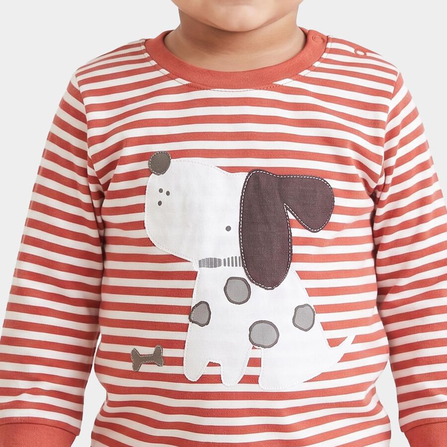 Infants' Coral 100% Cotton Round Neck Striped Baba Suit, Coral, large
