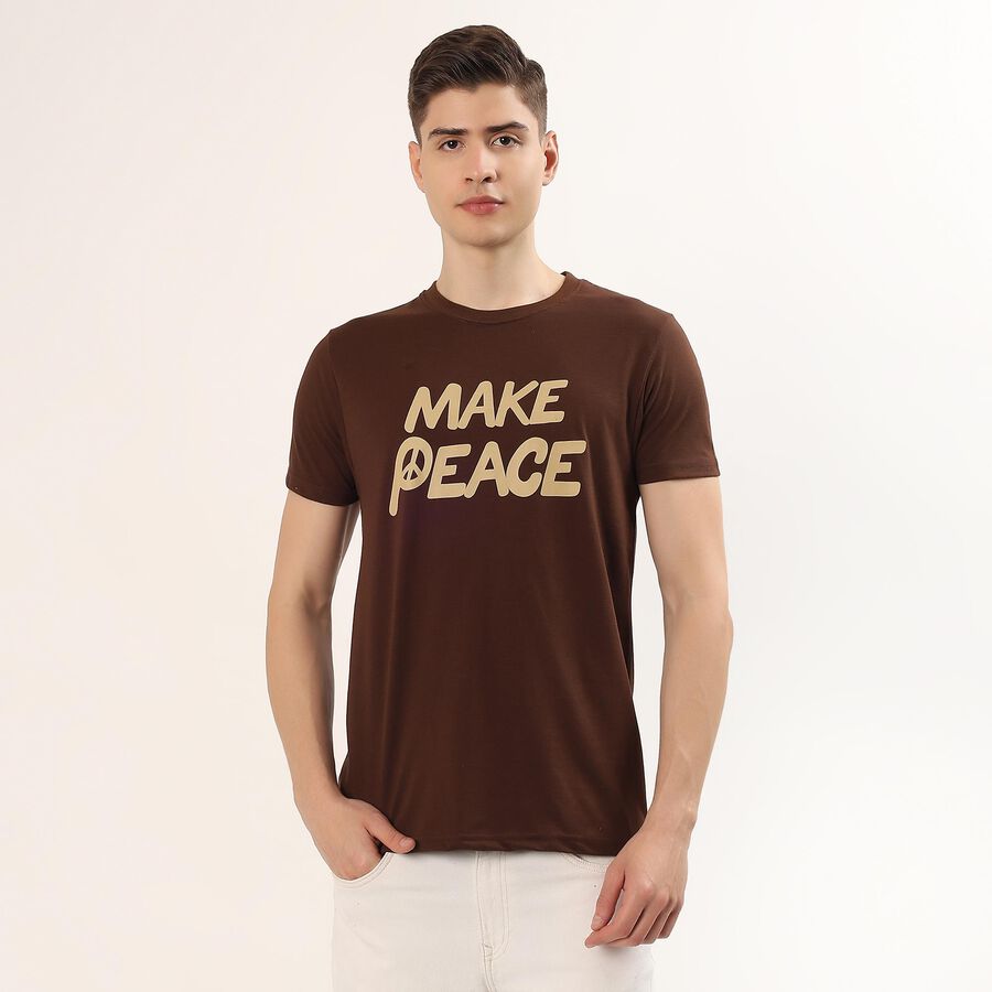 Men's Brown Round Neck Graphic Printed T-Shirt, Brown, large