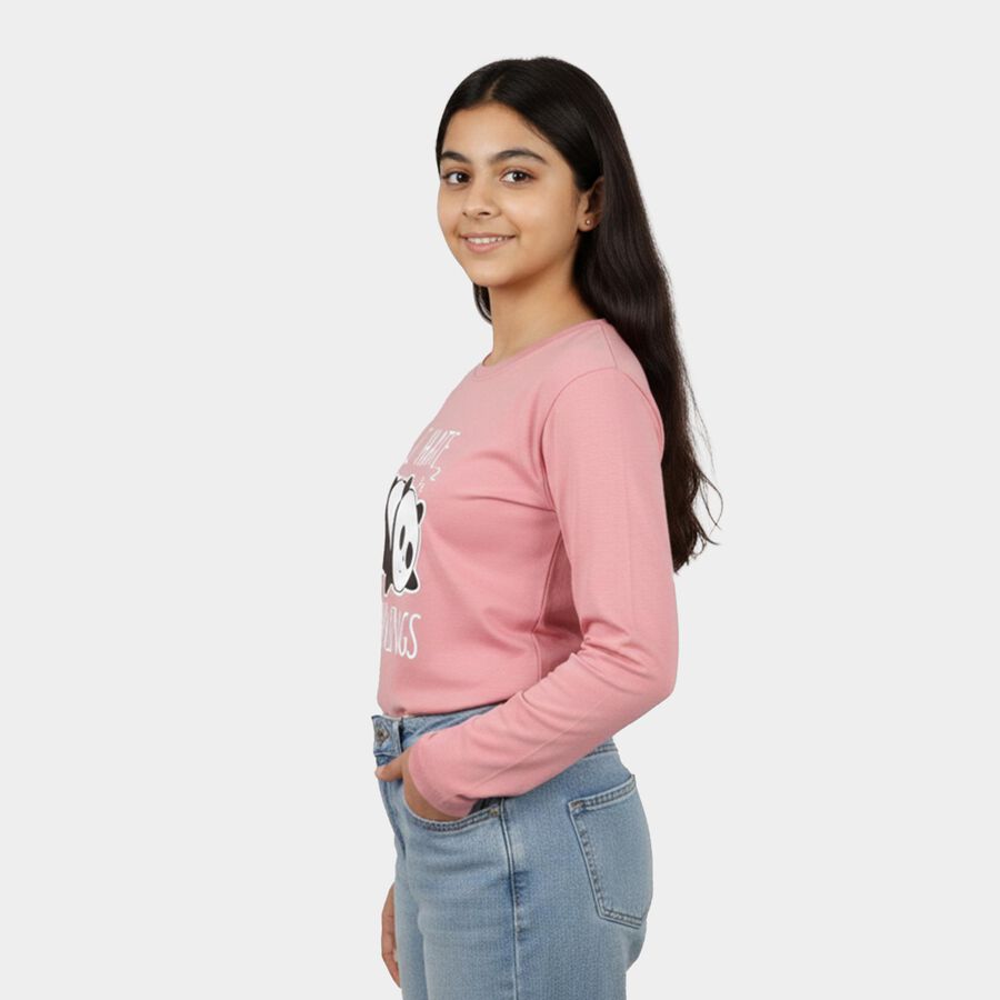 Girls' Soft Pink Round Neck Casual Graphic Top, गुलाबी, large image number null