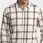 Men's Brown Cotton Long Sleeve Spread Collar Casual Shirt, भूरा, small
