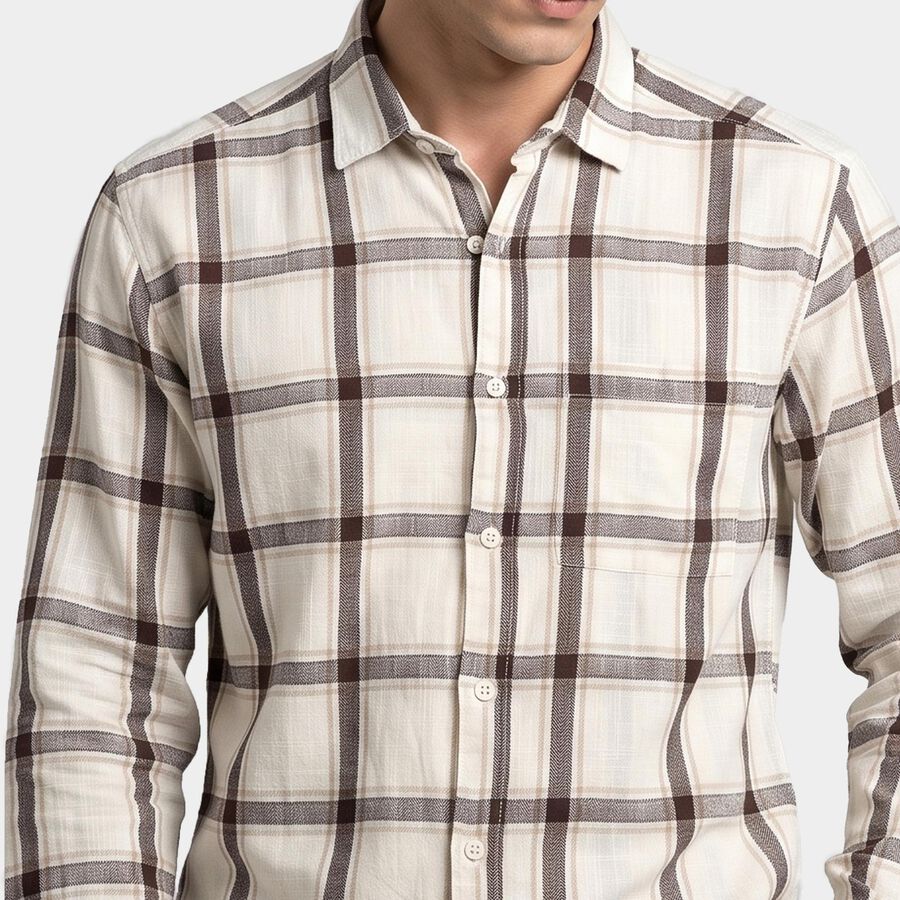 Men's Brown Cotton Long Sleeve Spread Collar Casual Shirt, भूरा, large