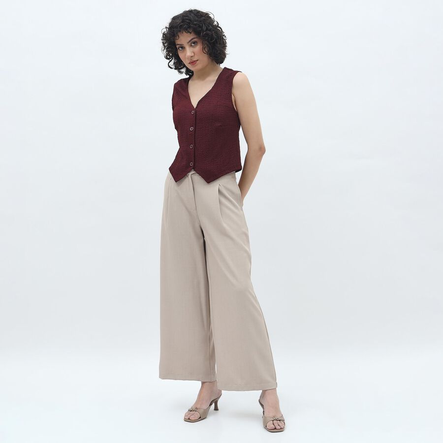 Women's Rich Burgundy V-Neck Casual Sleeveless Top, भूरा, large