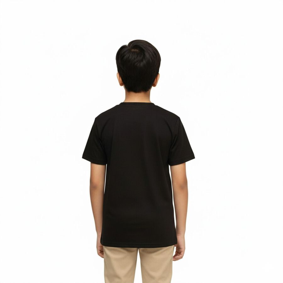 Boys Jet Black Round Neck Casual Half Sleeve T-Shirt, काला, large image number null