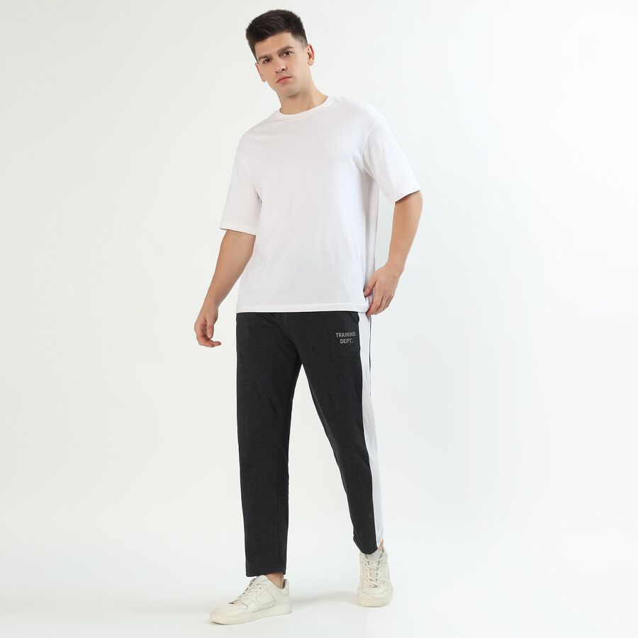Men's Charcoal Black Tapered Fit Side-Panel Track Pants, Charcoal, large