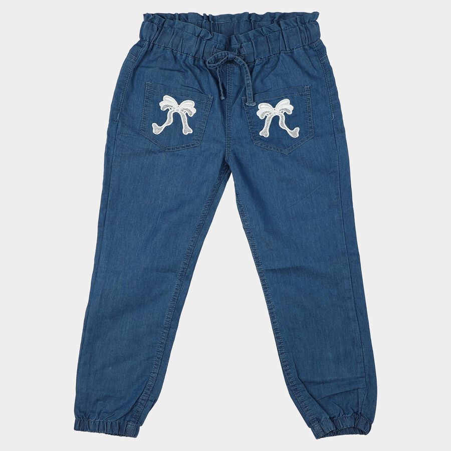 Girls Blue Jogger Fit Lace Applique Jeans, मध्यम नीला, large
