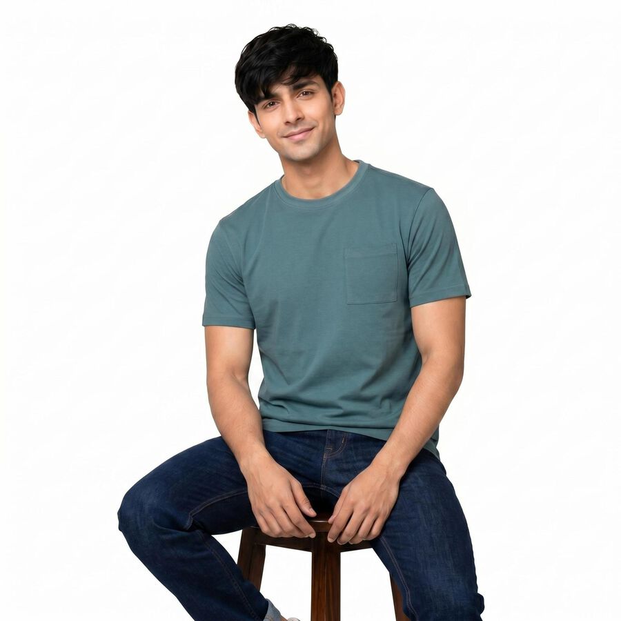 Men's Blue Cotton Round Neck Regular T-Shirt, Mid Blue, large