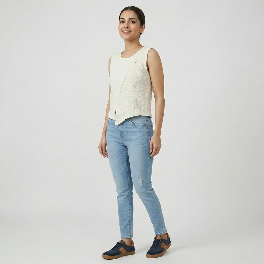Women's Off-White Round Neck Casual Top, Off White, large