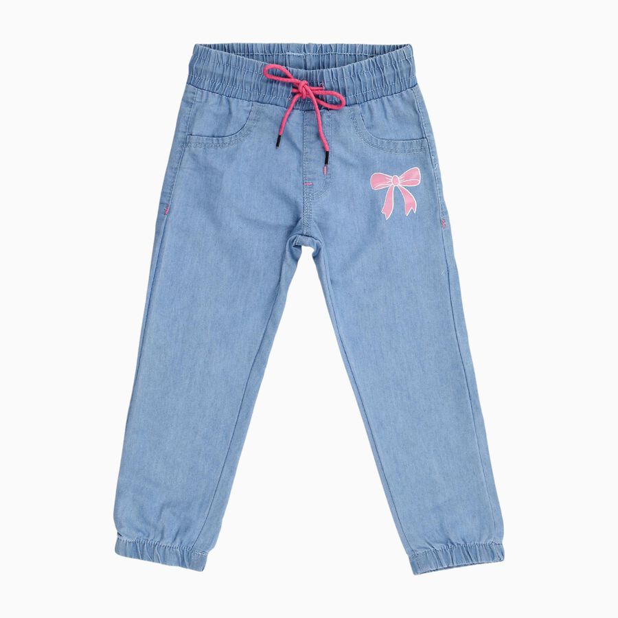Girls' Light Blue Elastic Waist Bow Detail Jeans, Light Blue, large