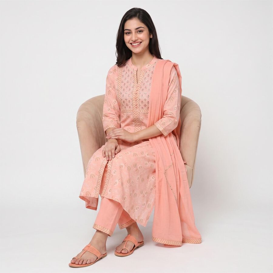 Women's Light Pink Cotton Mandarin Collar Printed Straight Kurta, हल्का गुलाबी, large