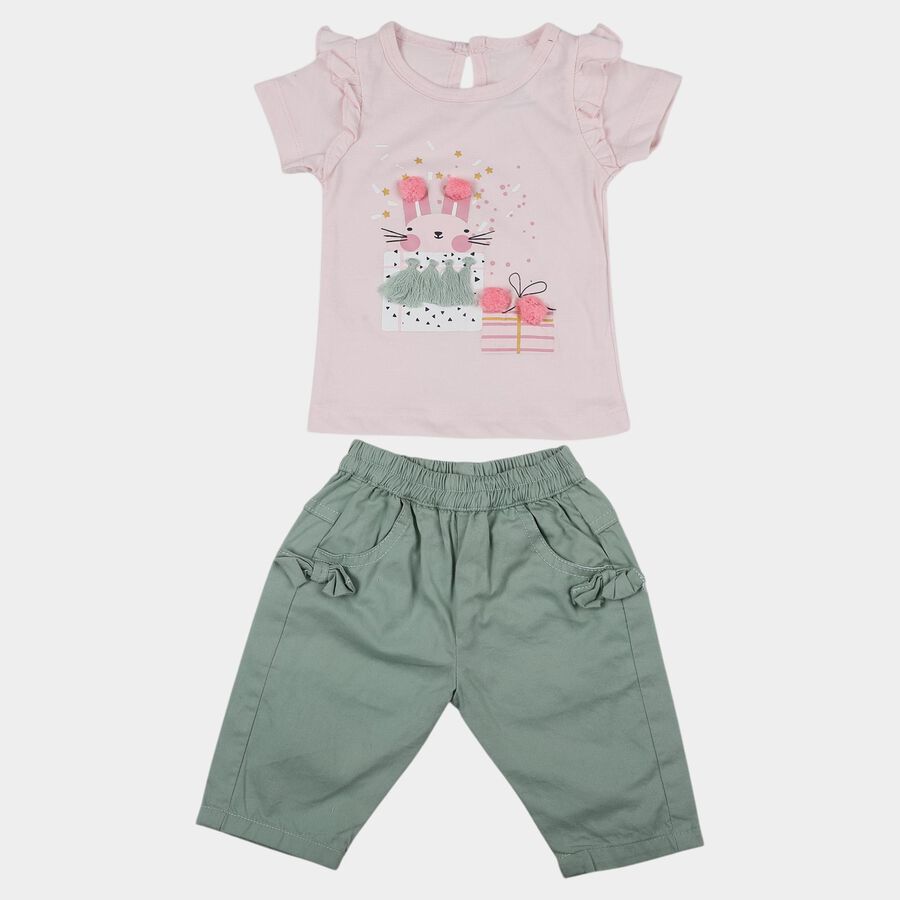 Infants Pink Cotton Graphic Top and Green Capri Set, Light Pink, large