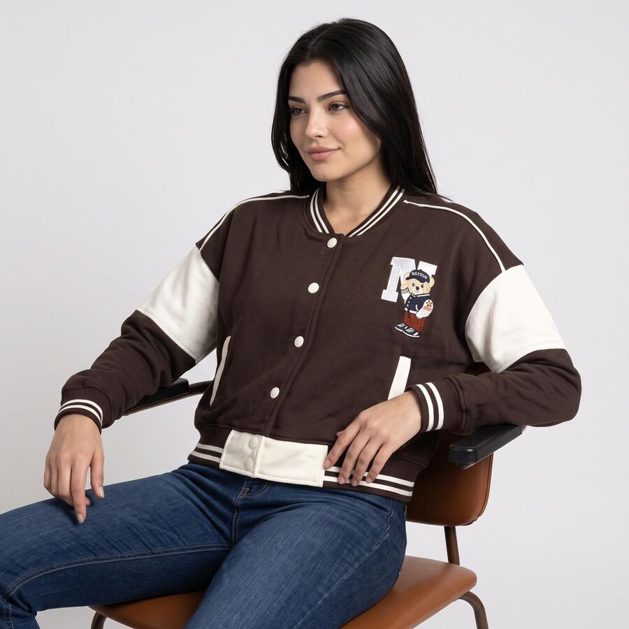 Women's Brown Varsity Jacket, भूरा, large