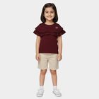 Girls Wine Cotton Round Neck Ruffle Sleeve T-Shirt, Wine, small