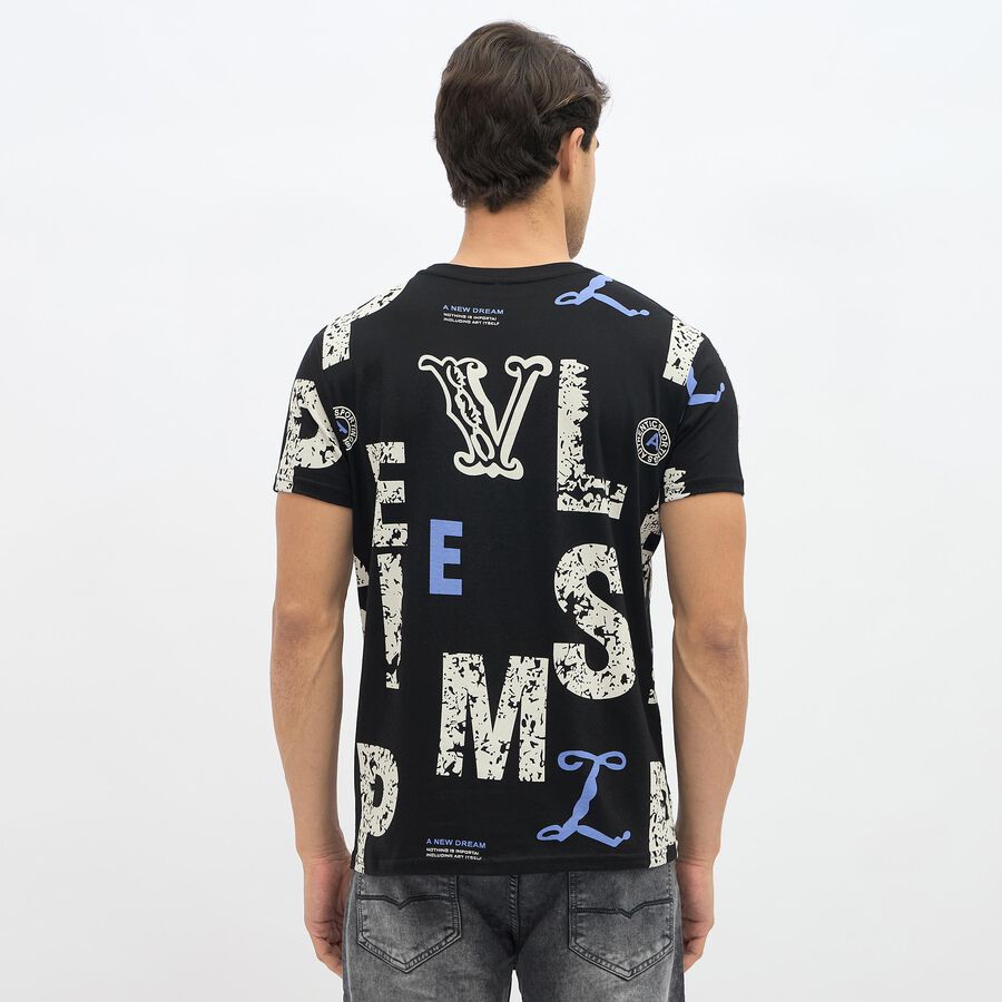 Men's Jet Black Cotton Round Neck Graphic T-Shirt, काला, large