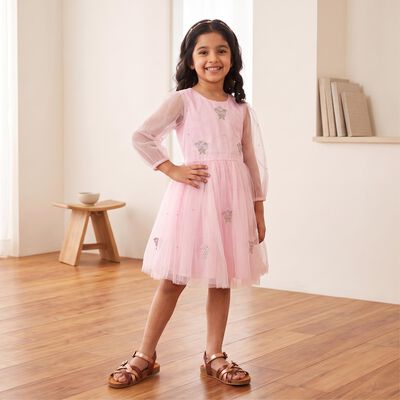 Girls' Pink Fit and Flare Embroidered Party Wear Frock