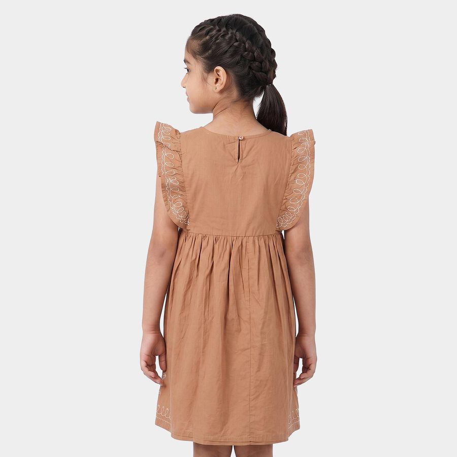Girls' Brown Cotton V-Neck A-Line Dress, Brown, large
