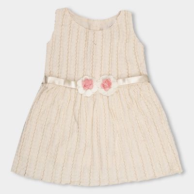 Infants' Beige Textured Floral Embellished Party Wear Frock