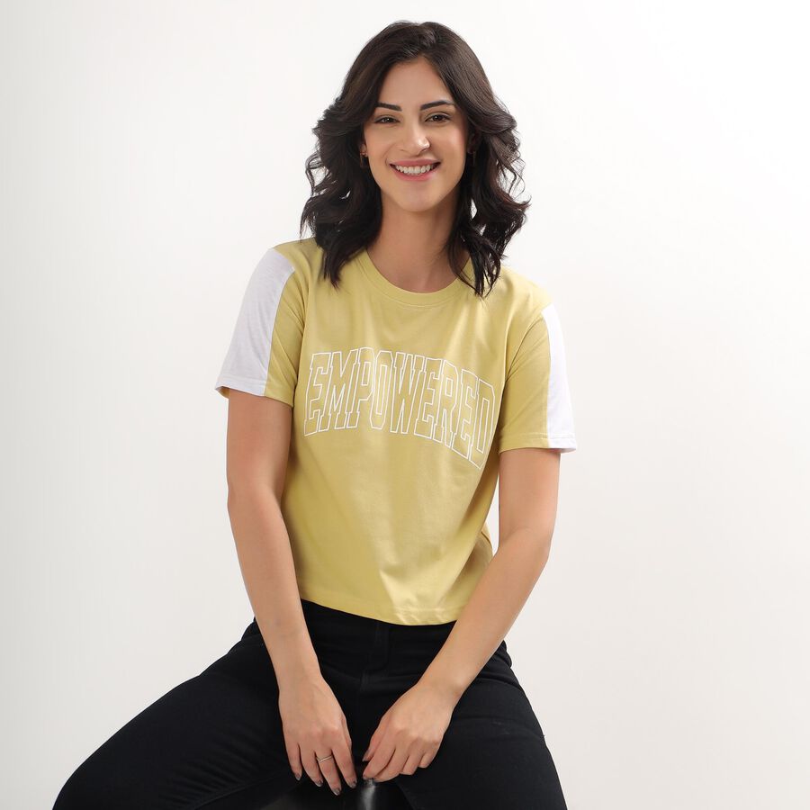 Women's Muted Yellow Round Neck Printed T-Shirt, खाकी, large image number null