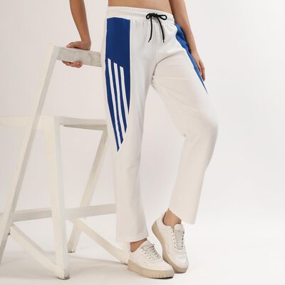 Women's Bright White and Royal Blue Straight Fit Striped Track Pants