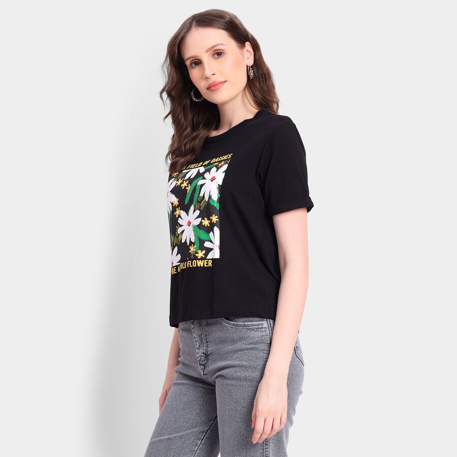 Ladies' Round Neck T-Shirt, काला, large image number null