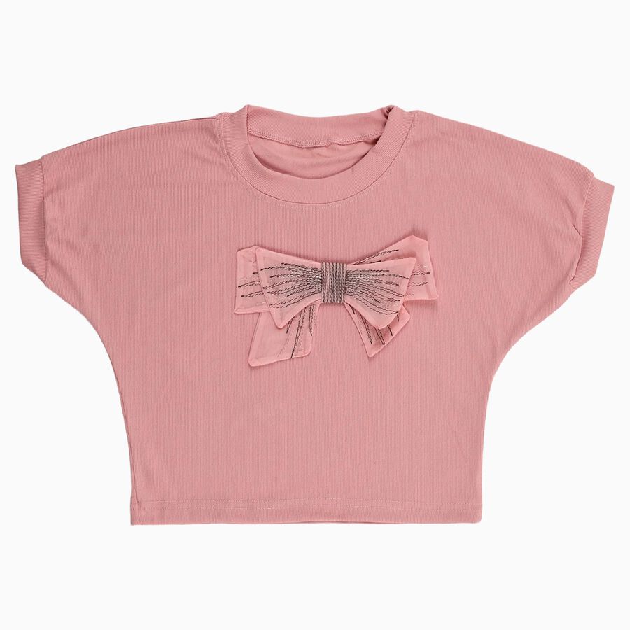 Girls Bright Pink Round Neck Casual T-Shirt, Pink, large