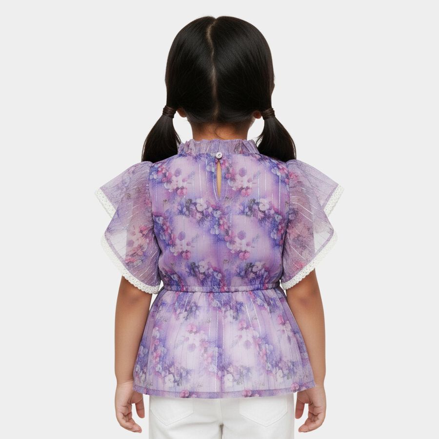 Girls' Purple Ruffle Neck Floral Romantic T-Shirt, Lilac, large