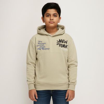 Boys Muted Olive Green Hooded Neck Casual Sweatshirt